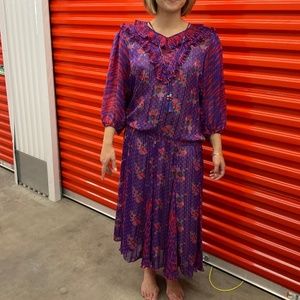 80s Diane Freis Purple Red Turquouise Chiffon Cocktail Dress